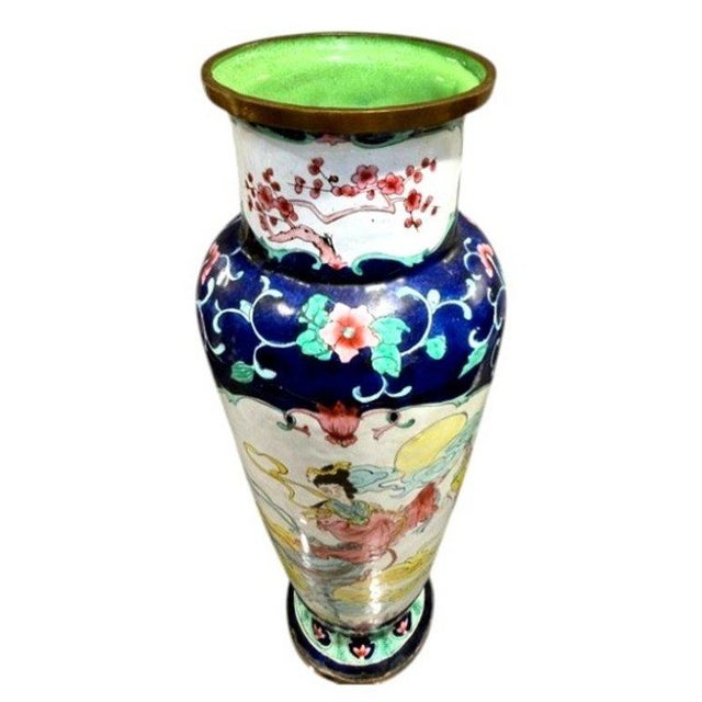 Chinese Vintage Chinese Cloisonne Enamel Celestial Maiden Feitian Vase 12" Brass For Sale - Image 3 of 7