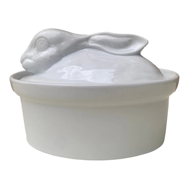 Vintage French Country White Ceramic Rabbit Covered Dish For Sale