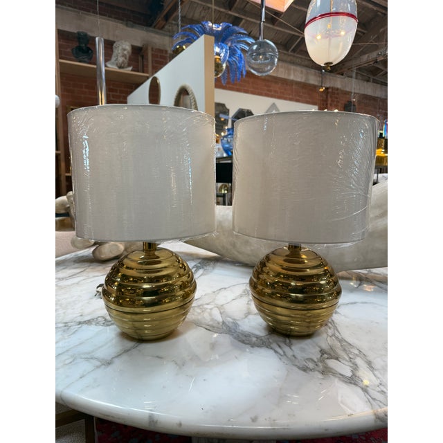 1970s Brass Ribbed Base Table Lamps With Drum Shades - a Pair For Sale In Los Angeles - Image 6 of 7