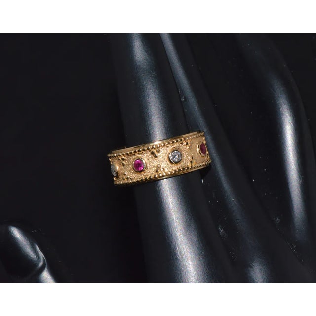 Gorgeous Natural Diamond Ruby 18K Solid Gold Byzantine Beaded Greek Ring Stacking Band, size 5.75 For Sale - Image 4 of 10