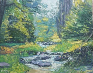 Original Oil Landscape of Forest Stream