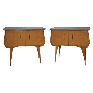 Italian Maple, Brass & Colored Glass Nightstands, 1960s, Set of 2 For Sale