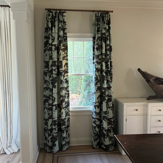Chic Designer Quadrille Chocolate and Turquoise Linen Toile Drapery Panels- Two Pairs (Four Single Panels) For Sale In New York - Image 6 of 9