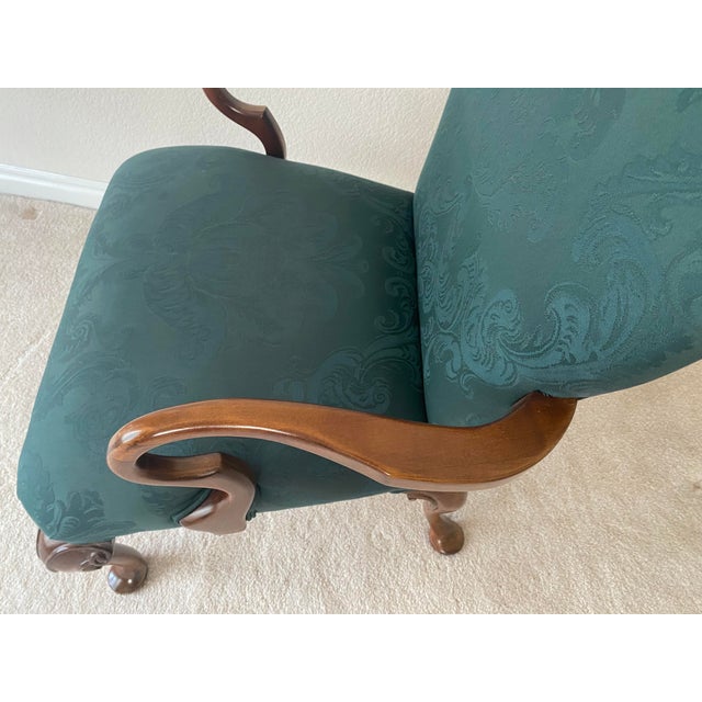 Pennsylvania House Emerald Green Damask Style Upholstry and Carved Cherry Wood Dearborn Exquisitely Unique Vintage Chair Excellent Condition For Sale - Image 9 of 11