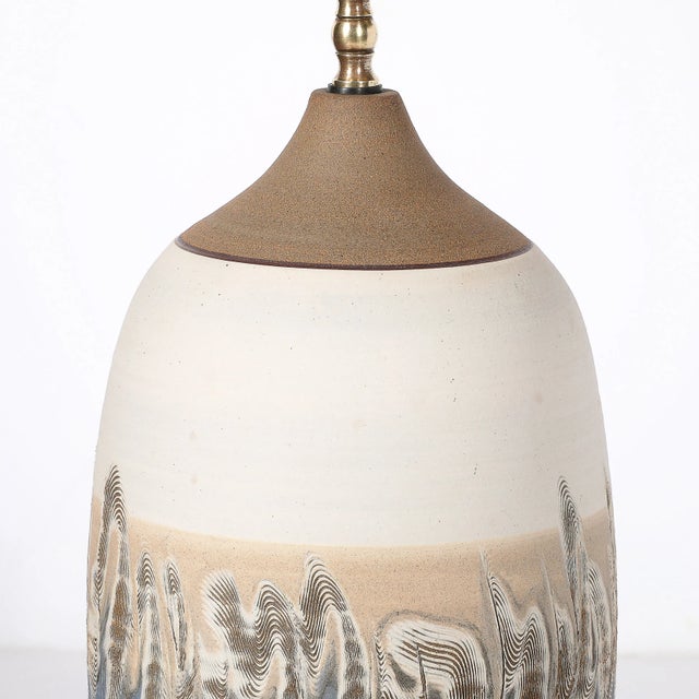 Mid-Century Modern Pair of Mid-Century Modernist Off White Ceramic Table Lamps W/ Banded Detailing For Sale - Image 3 of 12
