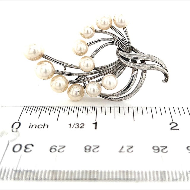 1990s Mikimoto Estate Akoya Pearl Brooch Sterling Silver For Sale - Image 10 of 12