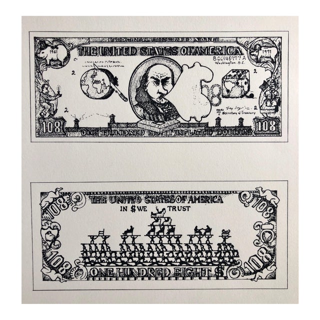 Oyvind Fahlstrom, 1960's Pop Art Silkscreen Print 108$ Bill Inflation Hand Signed and Numbered, 1973 For Sale