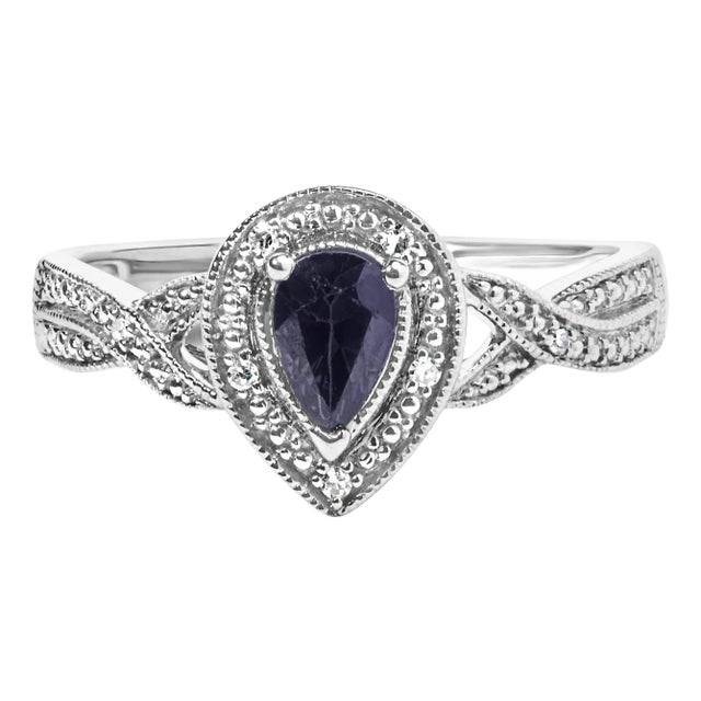 .925 Sterling Silver 6x4mm Pear Sapphire Gemstone with Diamond Accent Fashion Halo Ring (H-I Color, SI1-SI2 Clarity) - Size 7.5 For Sale