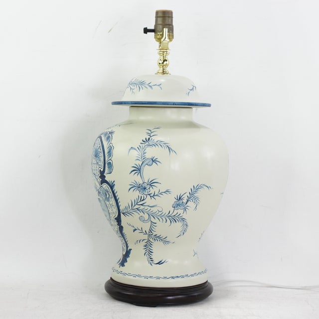 Pair of Vintage Hand Painted Blue and Cream Ceramic Ginger Jar Table Lamps With Deer and Floral Folk Art Design For Sale - Image 4 of 15
