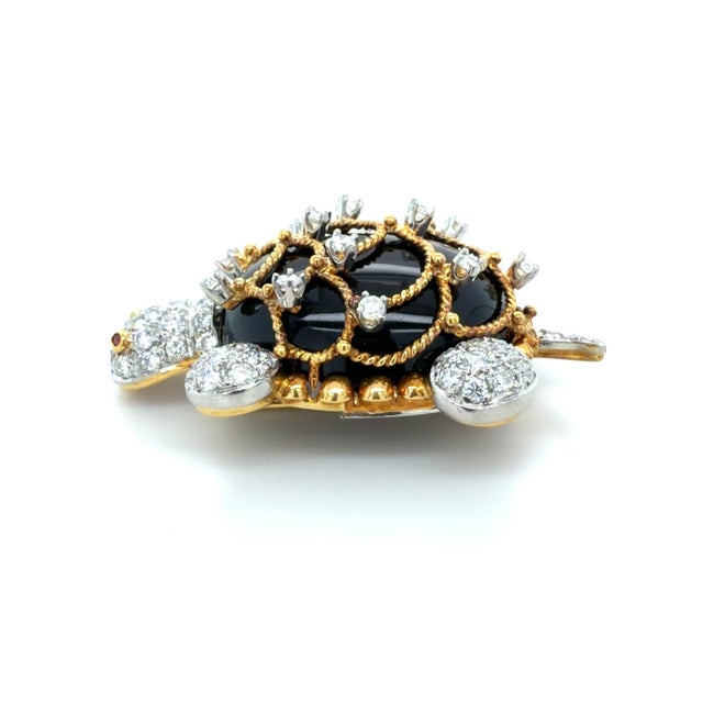 Onyx Vintage Hammerman Brothers Diamond and Onyx Turtle Brooch, 18k Gold and Platinum For Sale - Image 8 of 8