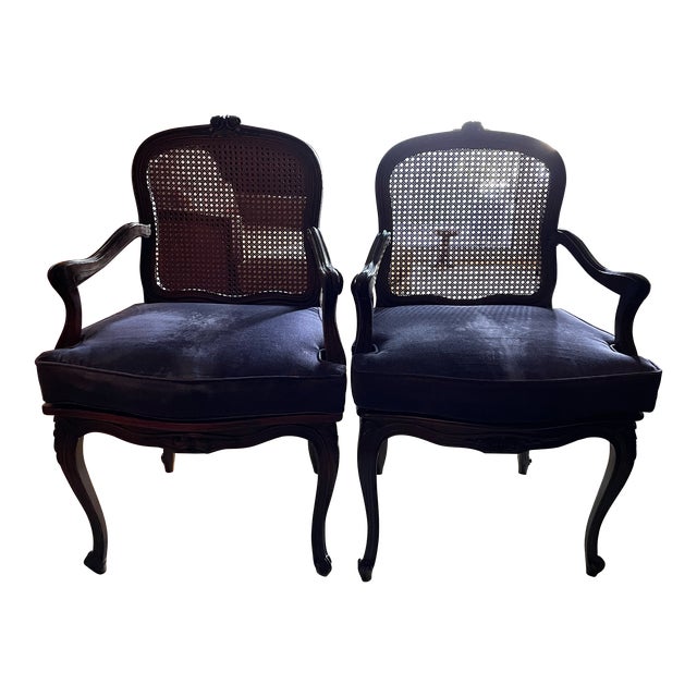 Late 19th Century French Arm Chairs With Cane Seat and Back/Custom Cushions - Set of 2 For Sale