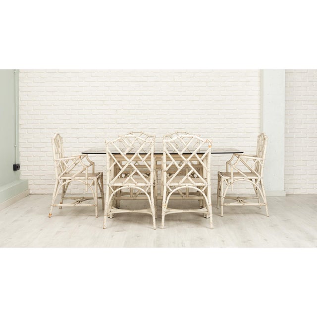 Large Italian Bamboo Garden Dining Set with Smoked Glass Top, 1970s, Set of 7 For Sale - Image 6 of 6