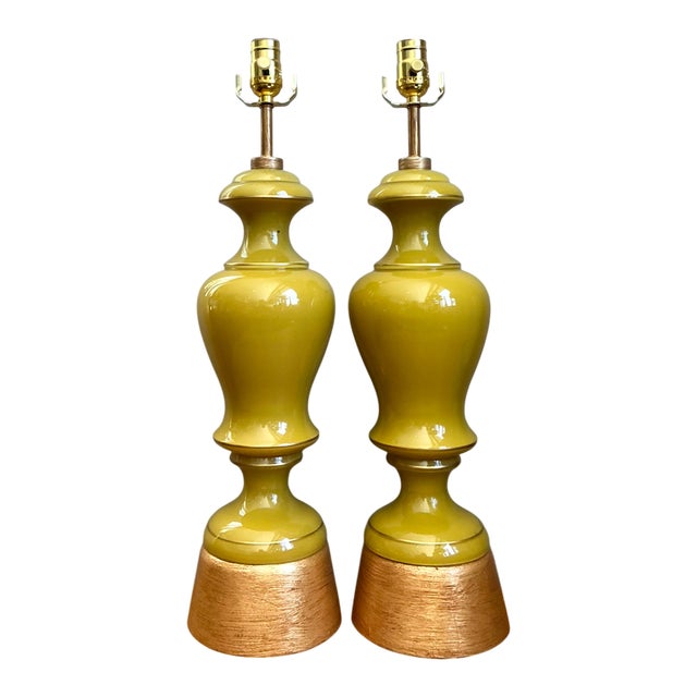 Wood Vintage Gilt Tipped Painted Glass Lamps - A Pair For Sale - Image 7 of 16