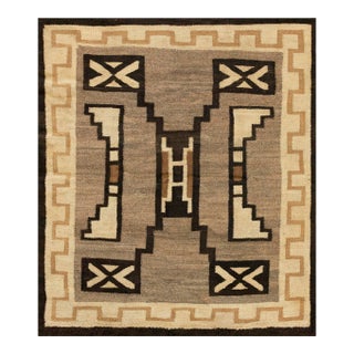 1930s Gray Geometric Kilim Antique American Navajo Carpet 3' 2'' X 3' 6'' Flatweave Wool Rug For Sale