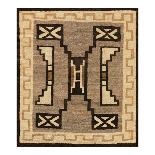 1930s Gray Geometric Kilim Antique American Navajo Carpet 3' 2'' X 3' 6'' Flatweave Wool Rug For Sale