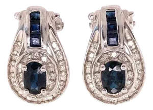 14 Karat Gold French Back Earrings With Diamonds and Blue Sapphires 1.0 TDW, A Pair