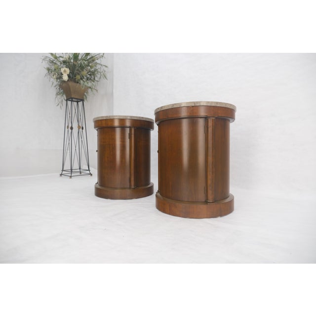 Brown Baker Pair Cylinder Drum Shape Marble Top One Door Compartment Side End Tables For Sale - Image 8 of 18
