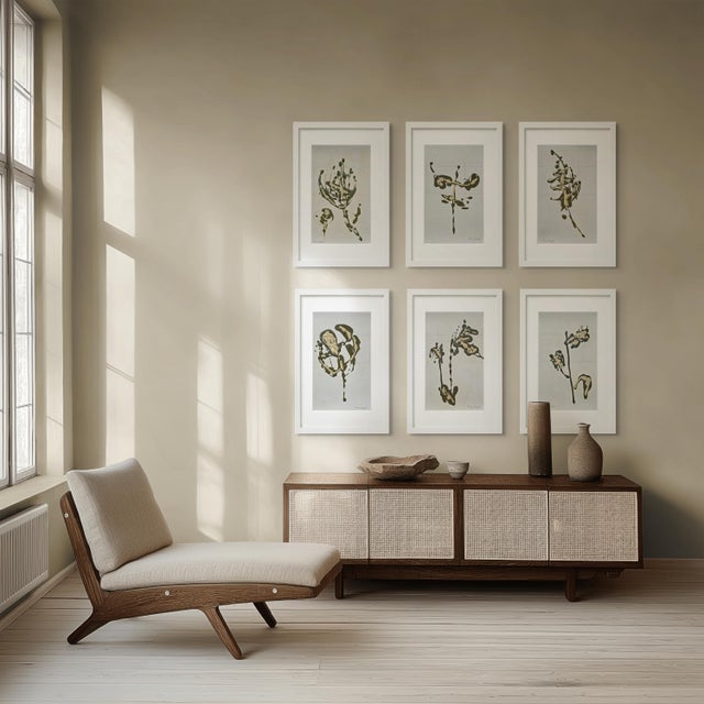 Set of 6 - One-of-a-Kind Dark Green & Cream Botanical Organic Modern Original Oil Paintings / Contemporary Herbarium / Floral / Earth Tones For Sale - Image 15 of 18