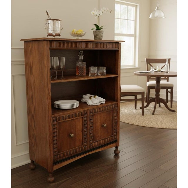1990s Vintage English Jacobean Revival Oak Bookcase With Reeded Cabinet Doors For Sale - Image 5 of 8