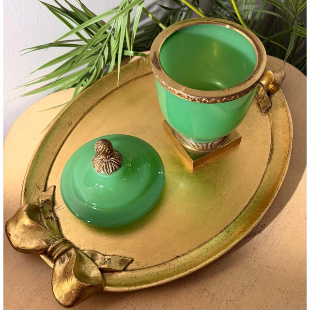 Green Antique French Green Opaline and Brass Large Covered Jar With Acorn Finial For Sale - Image 8 of 9