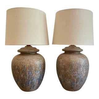 Large Pair of Crackle Glaze Pottery Table Lamps From 80's For Sale