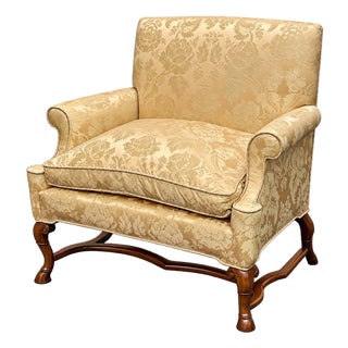 Mid 20th Century Damask Upholstered Oversized Chair / Petite Settee For Sale