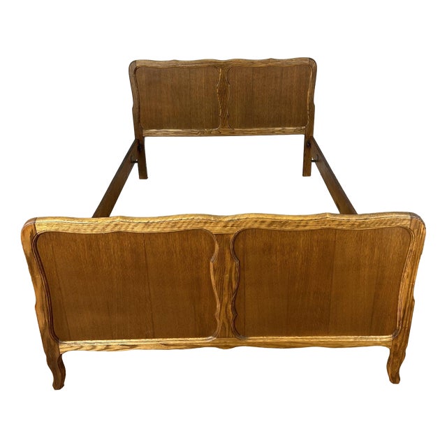 Vintage French Louis XVI Double Bed Frame in Oak with Carved Headboard For Sale