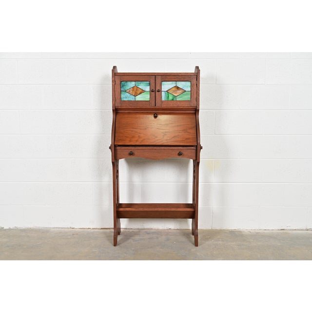 Mission Stickley Brothers Style Antique Mission Oak Arts & Crafts Secretary Desk With Stained Glass Doors, Circa 1900 For Sale - Image 3 of 14