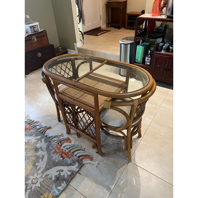 Wood Vintage Rattan Honeymoon Table & 2 Chairs – Nesting Bistro Set W/ Glass Top For Sale - Image 7 of 8