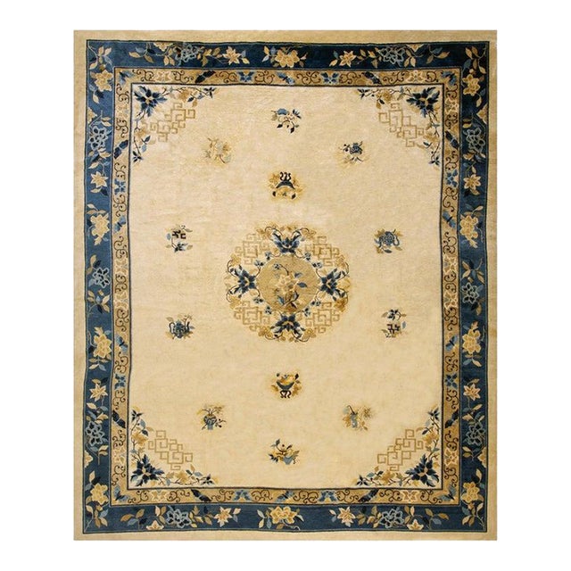 1920s Beige Field Antique Chinese Peking Floral Medallion Oriental Wool Rug For Sale