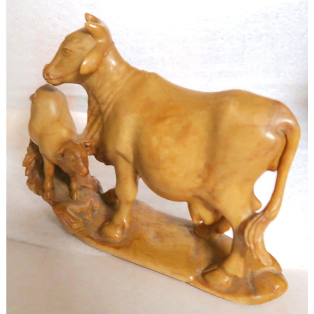 Japanese Yellow Jasper Hardstone Carving of a Cow and Calf For Sale - Image 9 of 16