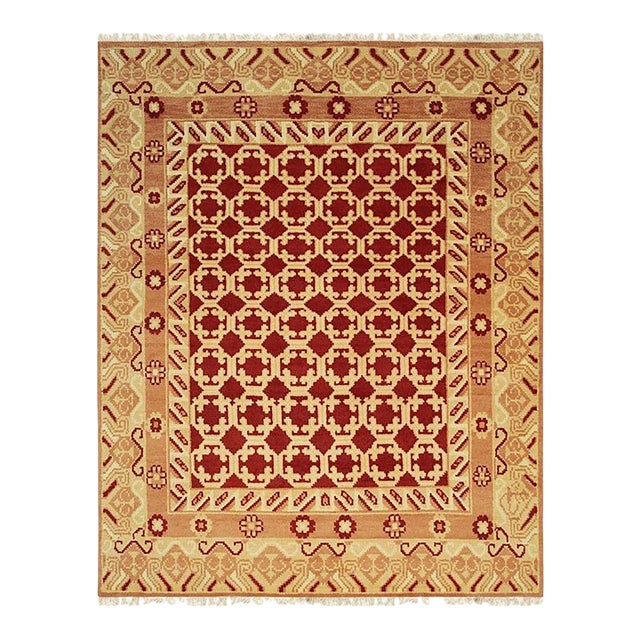 10x14 Coral Hand-Knotted Wool Linked Rosettes Geometric Modern Carpet Rug For Sale