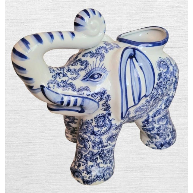 Delft 1990s Chinoiserie Blue and White Regency Large Elephant Planters- A Pair For Sale - Image 4 of 8