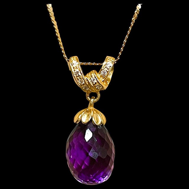 Contemporary Checkerboard Amethyst Drop & Diamond Pendent/Necklace 14 Karat Yellow Gold Chain For Sale - Image 3 of 18