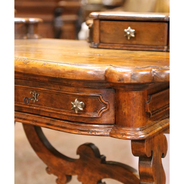 Brown 19th C. Spanish Carved Walnut Serpentine Desk With Four Drawers on Trestle Base For Sale - Image 8 of 15