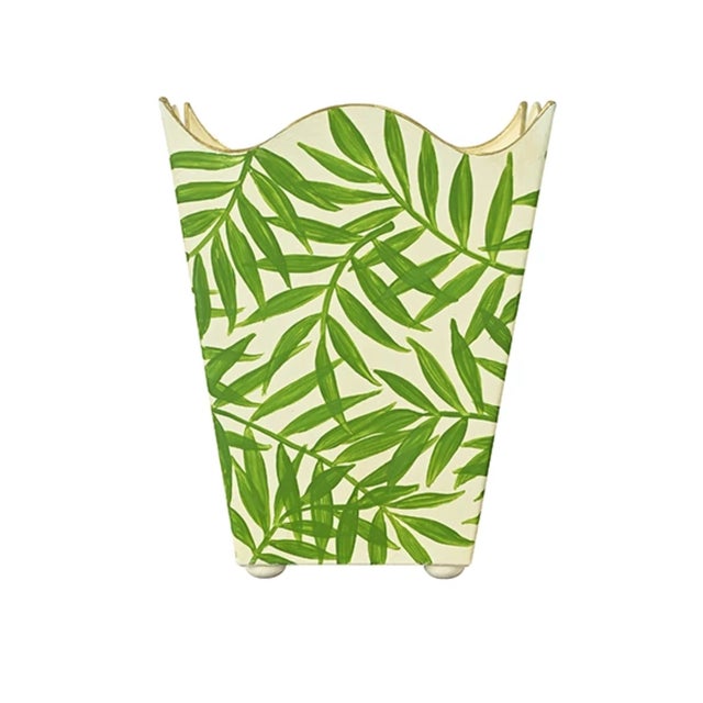 Brand new special order item. Not vintage. A charming vintage-inspired wastebasket featuring hand-painted palm frond...