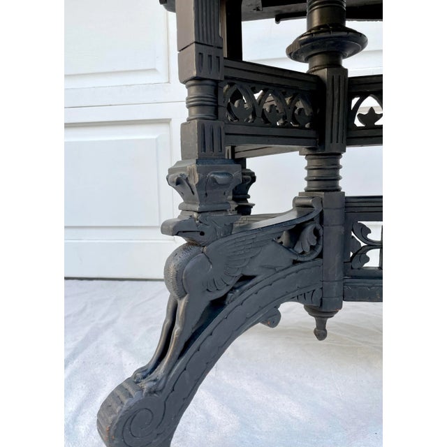 Black Antique Eastlake Pink Marble and Griffin Carved Rolling Table For Sale - Image 8 of 13