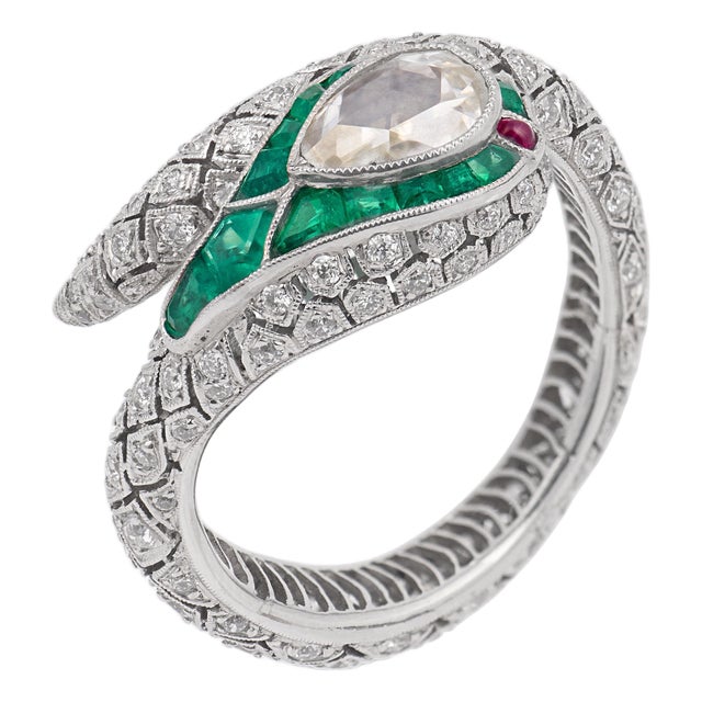 Rose Cut Diamond Emerald Platinum Snake Wrap Ring, Size 8.75 For Sale