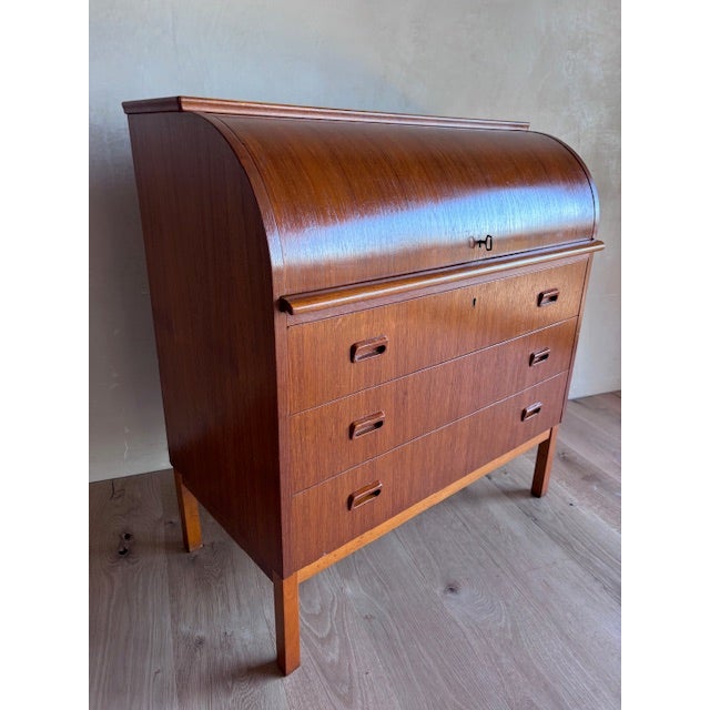 Egon Ostergaard Mid-Century Teak Rolltop Secretary Desk Signed Egon Ostergaard With Label Made in Sweden For Sale - Image 4 of 17