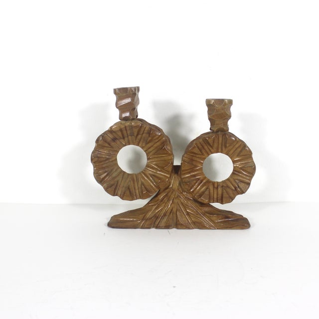 Great looking Spanish folk art handmade wood candelabra with two arms. Carved from olive wood. Made in Spain. Original...