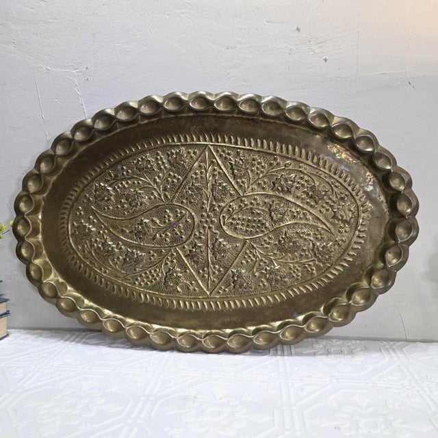 1940s Old World Oval Tray Large 24 Inch Embossed Floral Platter Authentic Well Preserved. For Sale - Image 13 of 17
