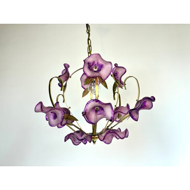 Vintage Hand-Painted Pink Glass Flower Chandelier – One of a Kind Floral Ceiling Light For Sale - Image 6 of 14