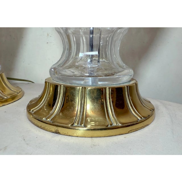 Brass 1990s Large Pair of Quality Vintage Brass Cut Crystal Electric Table Parlor Lamps For Sale - Image 8 of 11