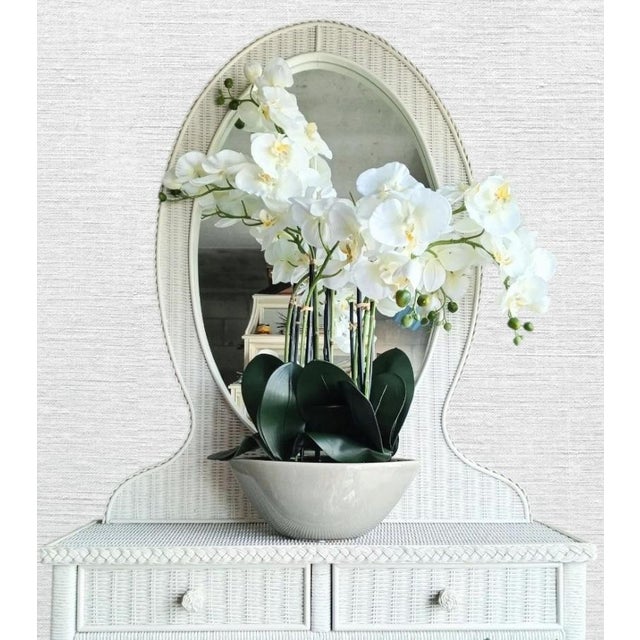 Wood Vintage White Wicker Large Oval Storage Vanity Top Mirror With 2 Drawers For Sale - Image 7 of 11