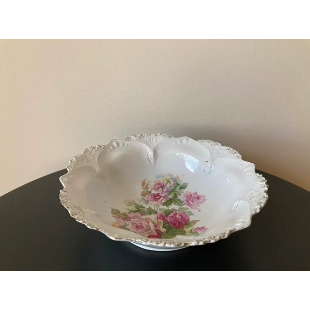 Early 20th Century German White and Pink Rose Porcelain Serving Bowl by Prussia- Large For Sale - Image 12 of 12