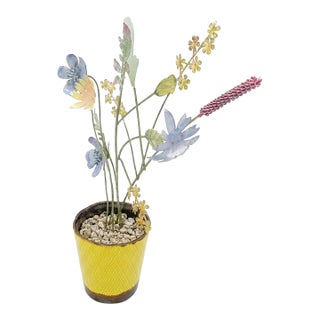 Vintage Italian Hand-Painted Toleware Wildflower Arrangement in Yellow Ceramic Pot For Sale
