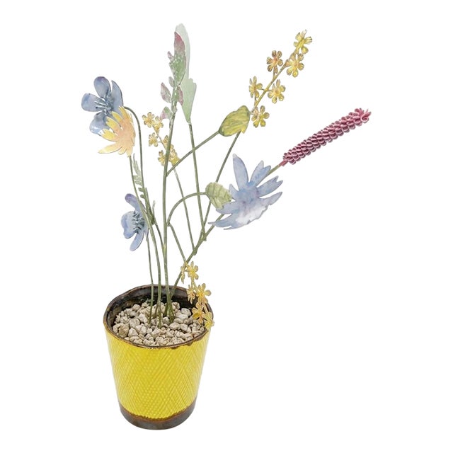Vintage Italian Hand-Painted Toleware Wildflower Arrangement in Yellow Ceramic Pot For Sale