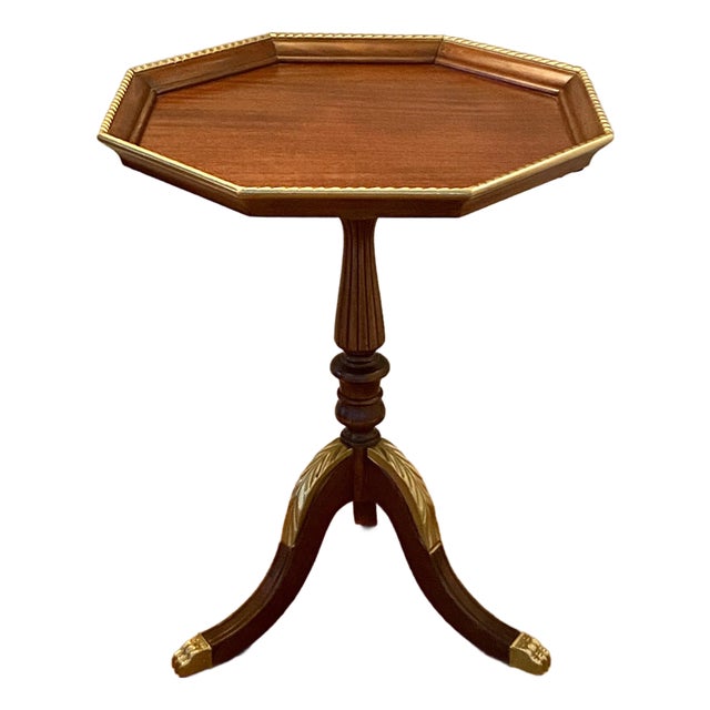 Octagonal Pedestal Mahogany and Cherrywood Side Table With Gold Accents For Sale
