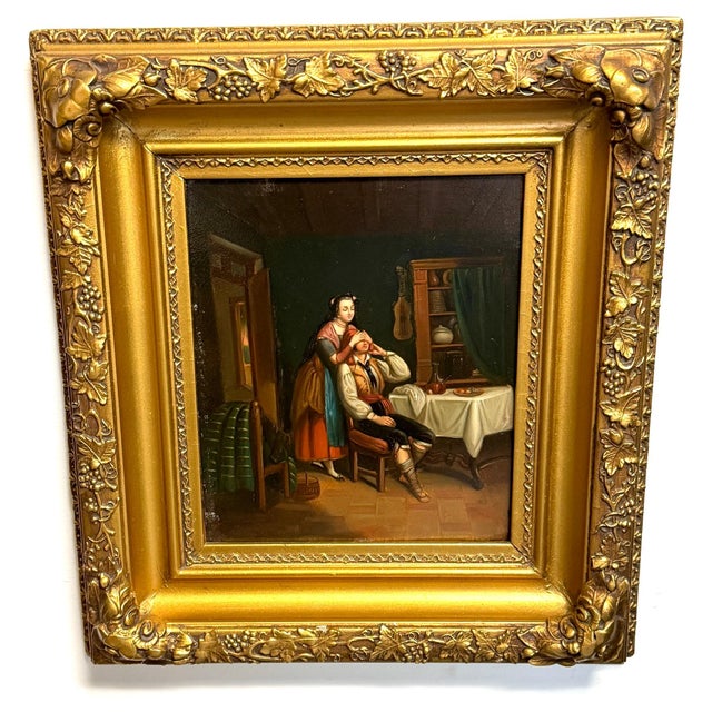 19th Century Biedermeier Genre Painting “The Surprise" Oil on Tin Original Frame For Sale - Image 4 of 14