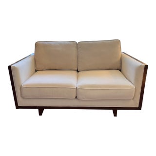 Late 20th Century Mid-Century Modern Milo Baughman Style Case Walnut and Chenille Loveseat Sofa For Sale